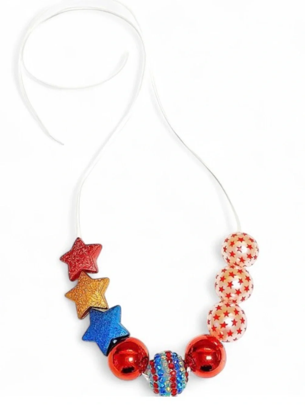 Red White Blue Patriotic Adjustable Necklace 12–20” Rhinestone Beaded Star